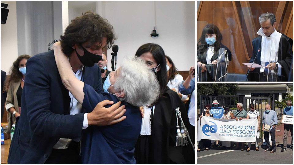 L'abbraccio tra Mina Welby e Marco Cappato in aula dopo la sentenza, i giudici Ermanno De Mattia e Antonella Basilone e l’associazioneCoscioni.