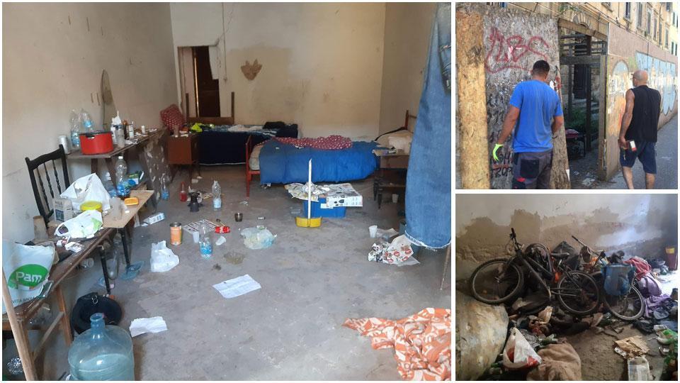 L’interno di palazzo Nissim occupato dai due uomini con il pitbull, l’intervento per rafforzare la palizzata e biciclette e altri oggetti dentro i locali
