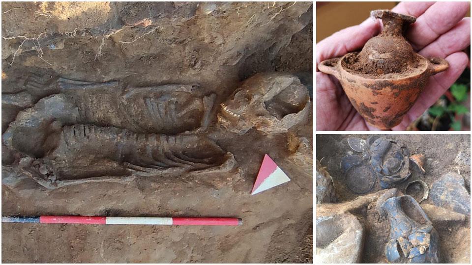 Scatti degli archeologi Trust Sostratos allo scheletro della probabile donna e al classico corredo ritrovato e già avviato al restauro. Si tratta della sepoltura etrusca a fossa di età orientalizzante, probabile terzo
quarto VII secolo a.C. recuperata nell’area del Fontino in località Ficaccio