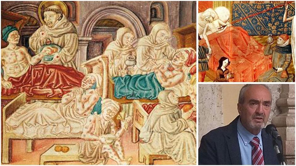 Alcune immagini tratte da affreschi e manoscritti medievali che rappresentano il flagello della peste nera e lo storico Antonio Lo Conte
