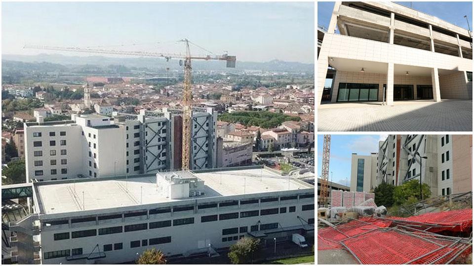 Una veduta del blocco H dell’ospedale San Giuseppe in attesa della conclusione di ristrutturazione, la galleria commerciale e il cantiere abbandonato nel 2016.