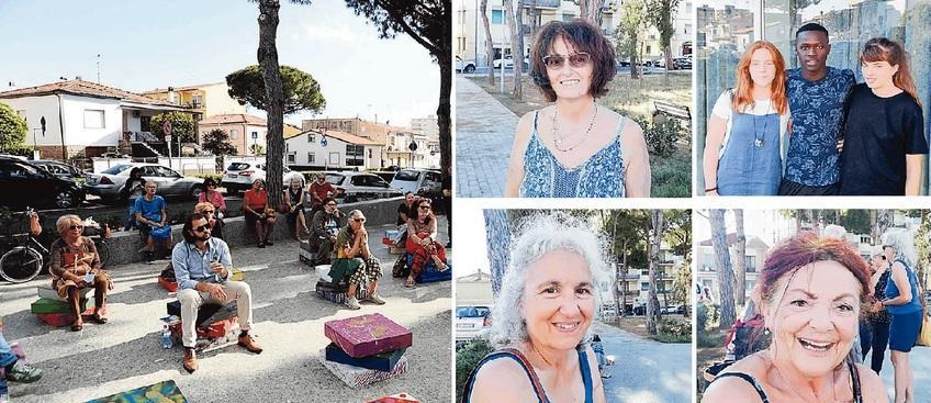 A sinistra un cantiere teatrale. A destra, in alto Apollonia Villani, Sofia Vann, Touré Karamo e Margherita Nardo, Sonia Salvini, Laura Medetti