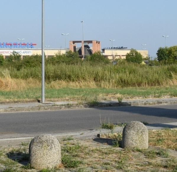 Le erbacce nell’area destinata ad accogliere il nuovo negozio. Sullo sfondo, il centro Panorama (foto Gori)
