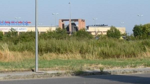 Le erbacce nell’area destinata ad accogliere il nuovo negozio. Sullo sfondo, il centro Panorama (foto Gori)