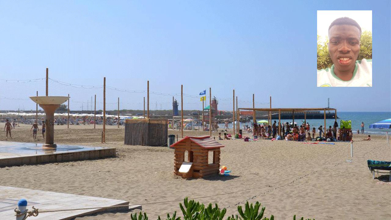 La spiaggia dove è avvenuta l'aggressione e nel riquadro il giovane picchiato