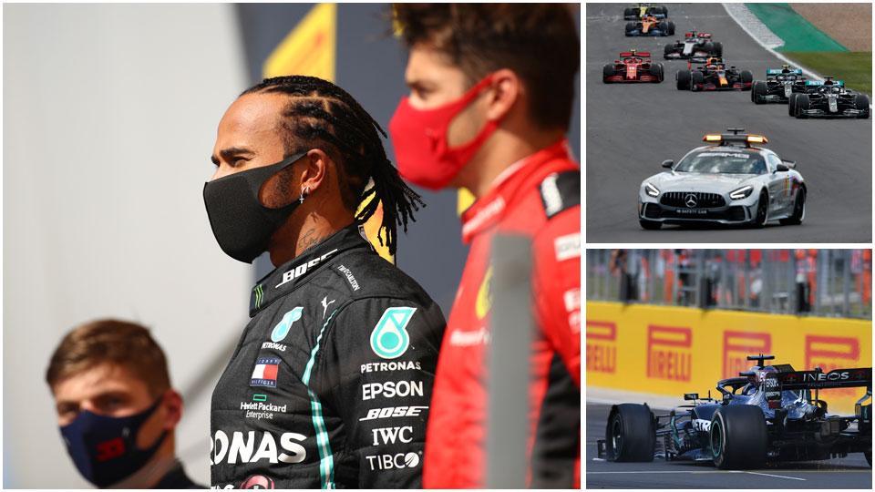 Hamilton con Verstappen e Leclerc durante la premiazione, l’intervento della safety car e la Mercedes di Lewis Hamilton sta per tagliare il traguardo con la ruota anteriore sinistra forata