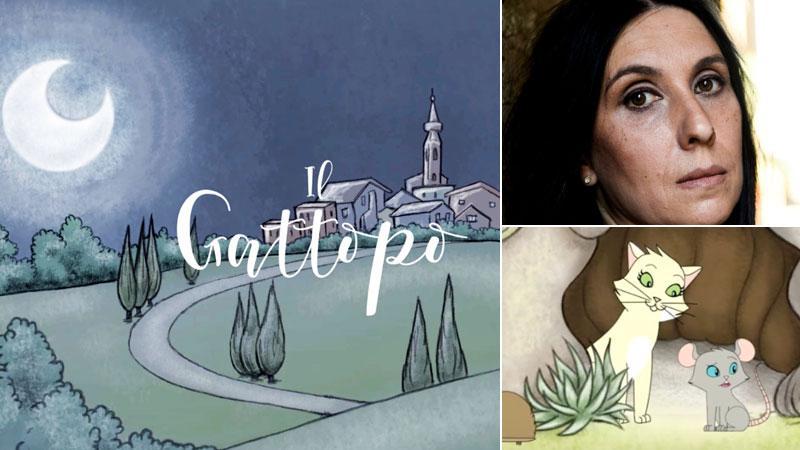 L’immagine di apertura del cartone con Peccioli sullo sfondo; Chiara Cini e un frame da “Il Gattopo”