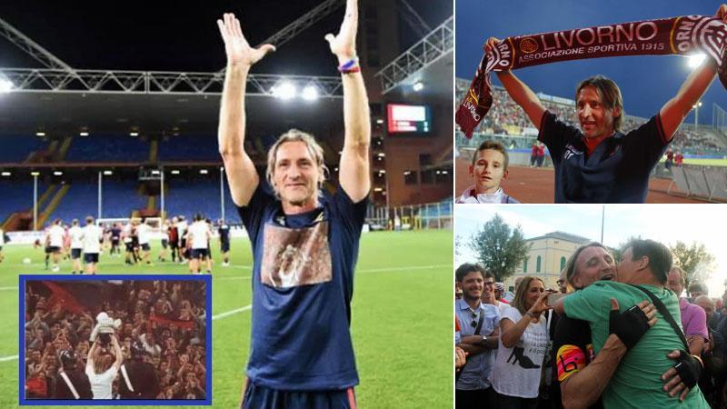 L’esultanza simbolica di Davide Nicola sotto la Gradinata vuota dei tifosi del Genoa dopo la vittoria di domenica sera che è valsa la salvezza, nel riquadro la foto della maglia che indossava. Nicola con al fianco il figlio Alessandro durante la festa promozione al Picchi. L’accoglienza emozionante al suo ritorno a Livorno