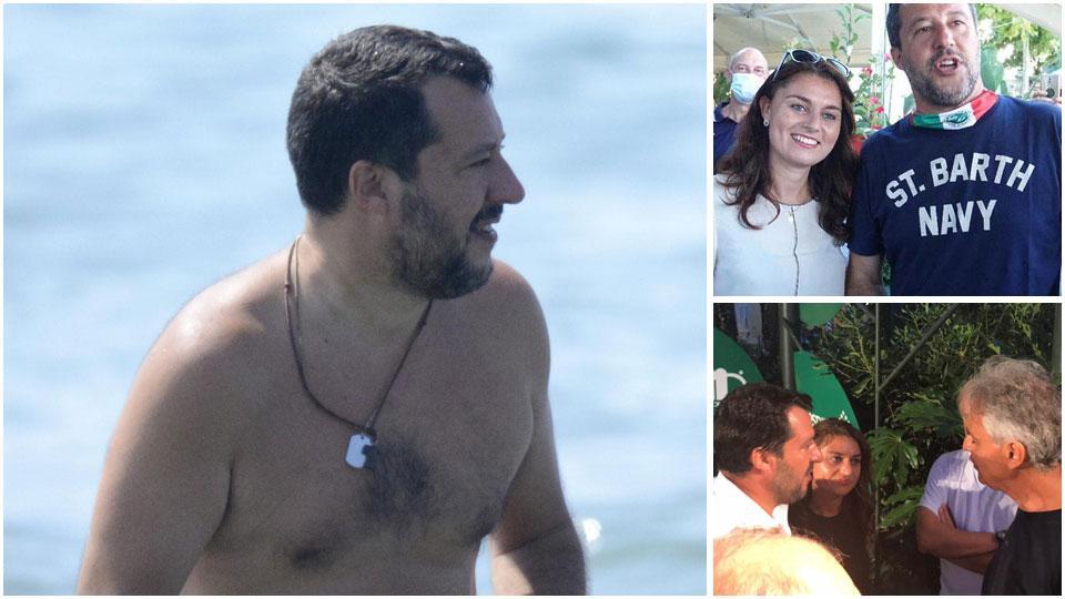 Tre immagini di Salvini in Versilia. Nella foto in basso a destra, il primo incontro nel 2018 con Bocelli
