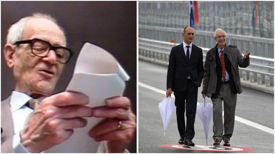 Il poeta livornese Giorgio Caproni, morto nel ’90 a 78 anni e l’archi-star Renzo Piano (a destra) appena prima dell’inaugurazione del ponte da lui creato per Genova