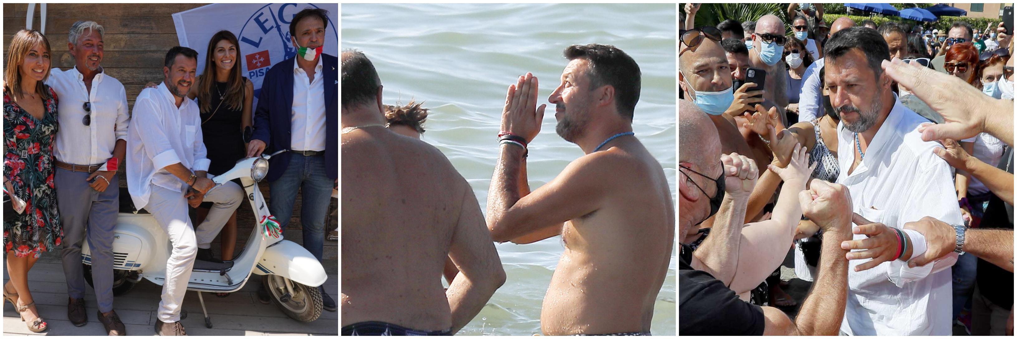 Da sinistra, Matteo Salvini sulla Vespa insieme a esponenti della Lega di Pontedera e durante il tuffo in mare a Calambrone (Foto Fabio Muzzi