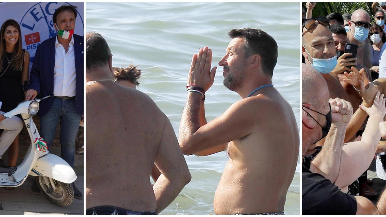 Da sinistra, Matteo Salvini sulla Vespa insieme a esponenti della Lega di Pontedera e durante il tuffo in mare a Calambrone (Foto Fabio Muzzi