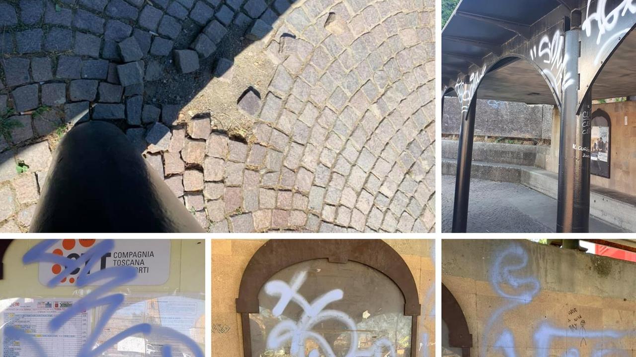 Vandali in azione, danni alla pavimentazione e scritte sulla pensilina