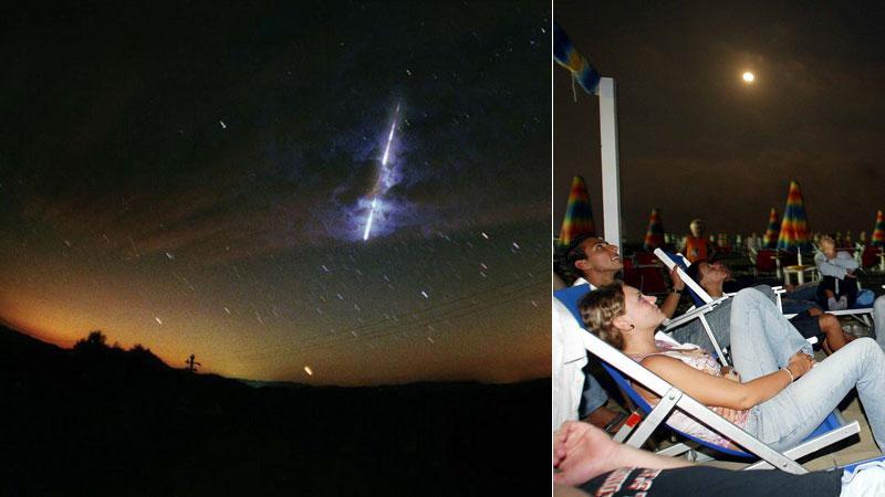 In alto l’incredibile spettacolo delle stelle cadenti: nelle prossime due notti secondo gli esperti le condizioni saranno perfette. Sopra, si guarda verso l’alto seduti in spiaggia