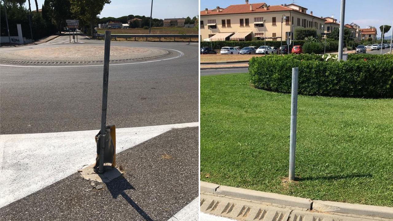 Rubano ogni notte cartelli stradali, prese di mira le rotatorie di Vada