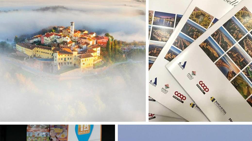 La foto di Montecastello in regalo domani con Il Tirreno e, a destra, i raccoglitori