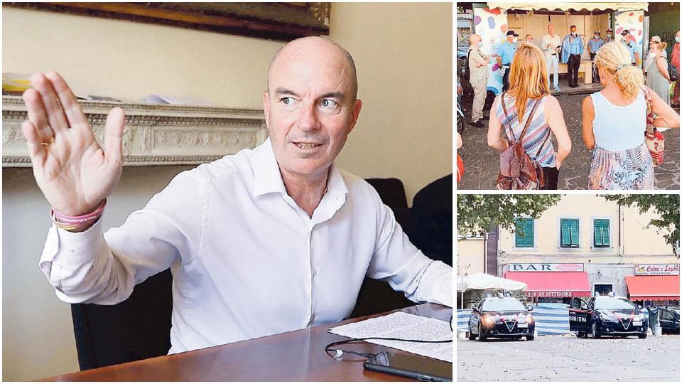 Il sindaco Luca Salvetti durante una conferenza stampa e in un incontro in piazza Garibaldi e i controlli dei carabinieri in piazza XX Settembre