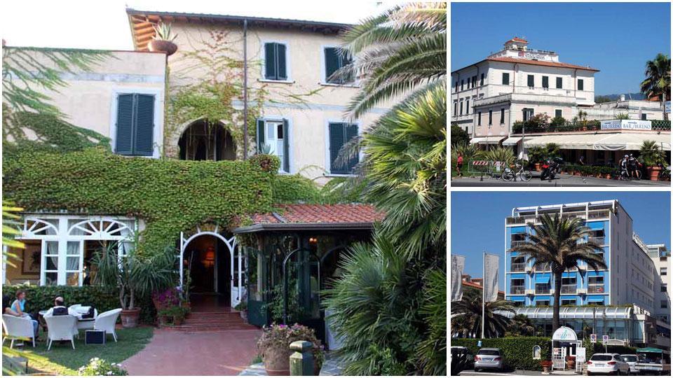 Alcuni “quattro stelle” di Marina di Massa: nella foto grande il Villa Maremonti, sul Lungomare; in alto a destra l’hotel Tirreno, uno degli storici alberghi di Marina e sotto un’immagine dell’hotel Excelsior, anch’esso nel centro di Marina, che quest’estate ha deciso do rimanere chiuso e avviare una ristrutturazione degli interni e degli esterni