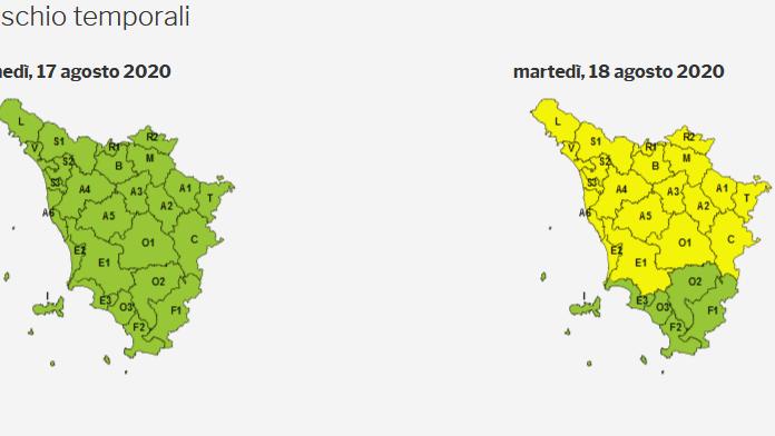 Codice giallo per temporali nelle aree settentrionali e centrali della Toscana