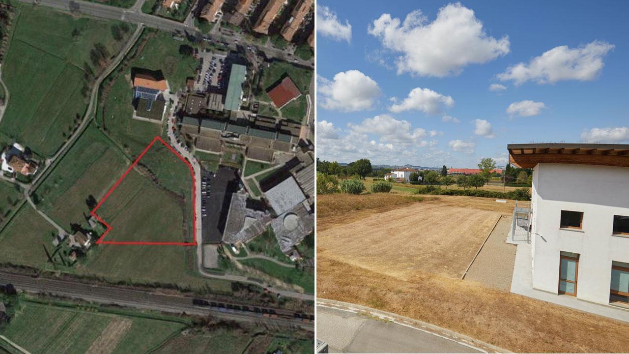 Nella foto a sinitra la veduta area del polo scolastico: contornata di rosso l’area destinata ad ospitare il nuovo edificio, a destra parte della zona dove sarà costruita la scuola (Foto agenzia Carlo Sestini)