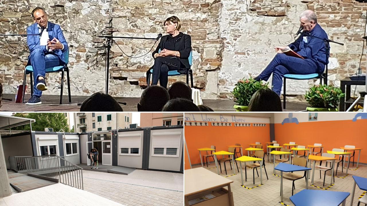 Nella foto in alto il presidente della provincia, Luca Menesini e la provveditora Donatella Buonriposi durante l’incontro di martedì sera al Real Collegio, a sinistra i container dell’istituto Paladini-Civitali, a destra una delle aule dell’istituto Fermi di Lucca nella quale sono già stati predisposti i banchi monoposto nel rispetto della distanza di un metro