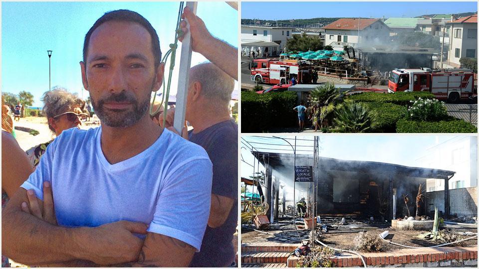 Fabio Simpatia, titolare del ristorante Vistamare, il fumo si alza dal ristorante Vistamare e una delle facciate del ristorante semidistrutta dal fuoco