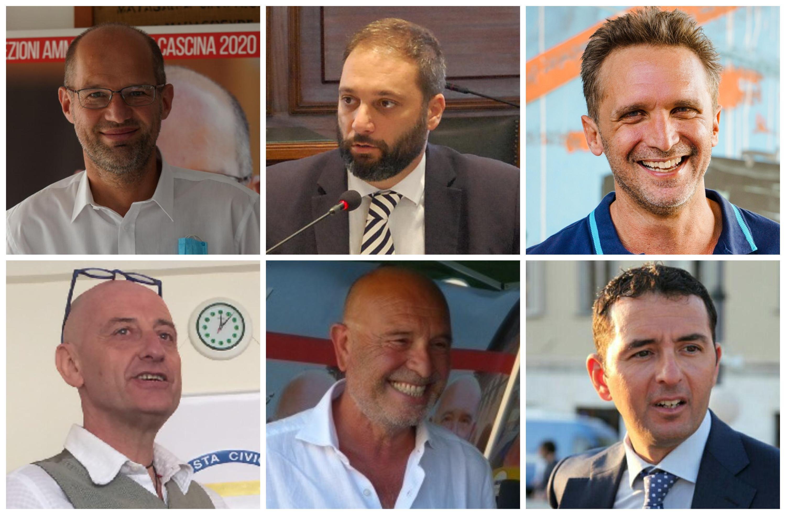 I candidati sindaco, dall’alto a sinistra in senso orario: Michelangelo Betti, Leonardo Cosentini, Cristiano Masi, Dario Rollo, Fabio Poli e Michele Parrini