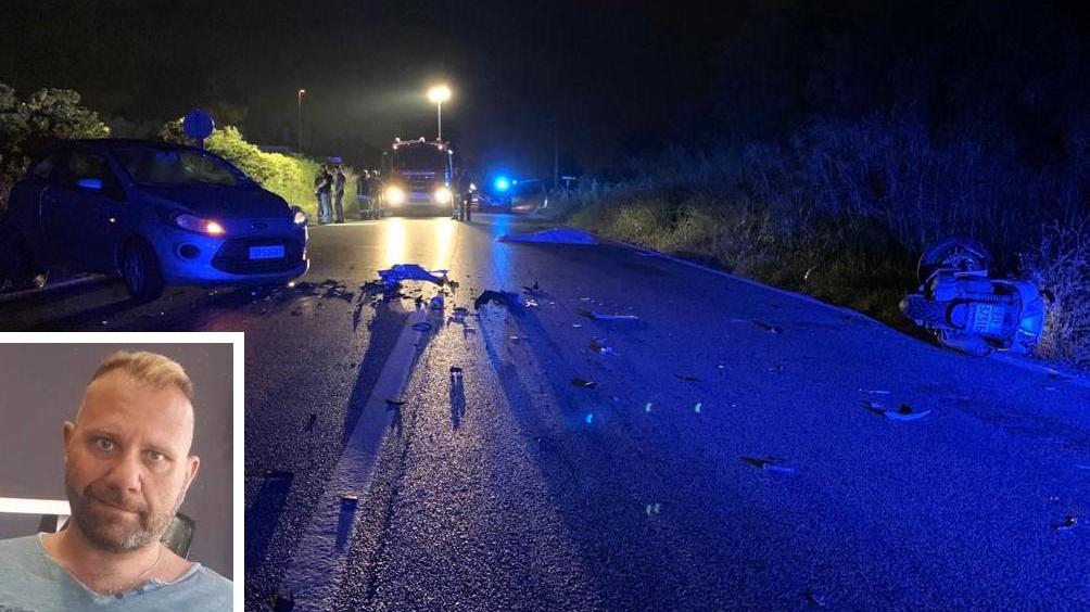 Vigili del fuoco e forze dell'ordine sul luogo dell'incidente e, nel riquadro, Simone Sbrana