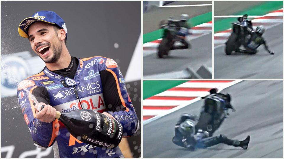 La gioia di Oliveira, vincitore a sorpresa, sul podio di Spielberg, Maverick Vinales si accorge del problema ai freni della sua Yamaha, il pilota spagnolo decide di scivolare sull’asfalto e la moto se ne va da sola mentre Vinales cade a terra