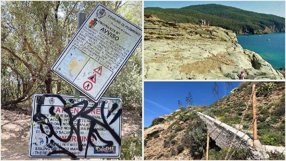 Il cartello illeggibile,la zona di Buca delle Fate e una frana nella spiaggia sotto Bernardini.