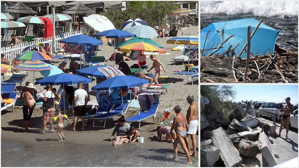 A Marina di Massa, nella spiaggia libera al pontile, c’è un discreto affollamento di persone al mare. Non tutti mantengono le distanze tra vicini di ombrellone e si viene a creare un certo caos. Così come in altre situazioni. In alto a destraun ombrellone “sbuca” tra i residui del lavarone. In basso a destra rifiuti e scogliera a pochi passi dalla spiaggia