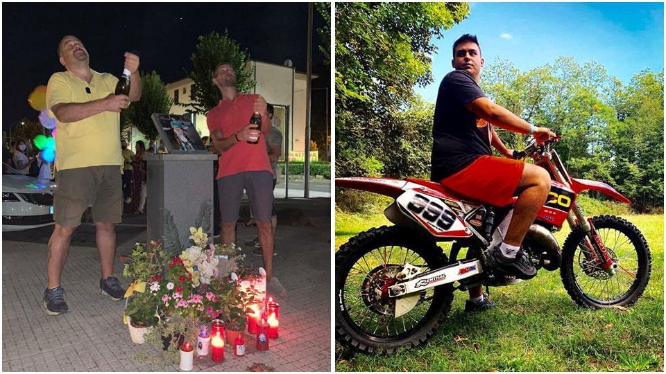 il brindisi davanti alla lapide di Francesco, nel luogo in cui è successo l’incidente stradale e Francesco Tontini in sella alla sua moto