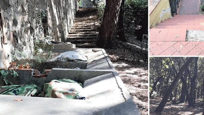 Scalini rotti e sporcizia all’ombra degli antichi pini nel parco al castello Pasquini