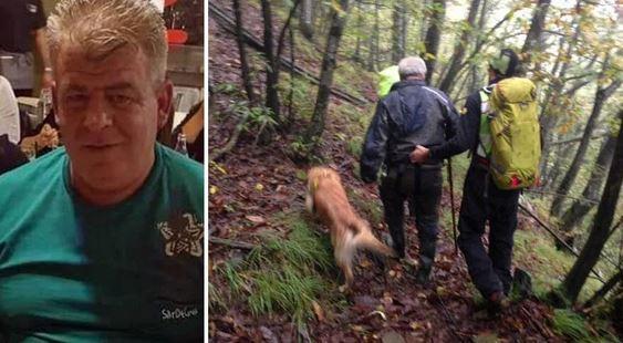 Alessandro Chioni a sinistra, a destra ricerche con i cani nel bosco