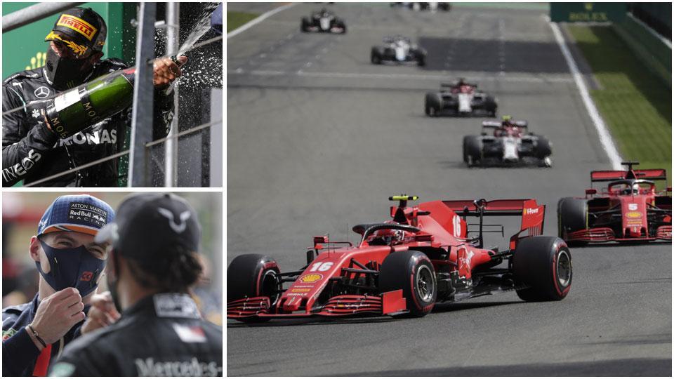 Lewis Hamilton agita la sua ennesima bottiglia di champagne sul podio del Gran Premio del Belgio, a Spa; L’inglese, leader del mondiale (di spalle) parla con Max Verstappen, unico pilota non Mercedes a tenergli testa in questa stagione. La malinconica marcia delle due Ferrari in fondo al gruppo