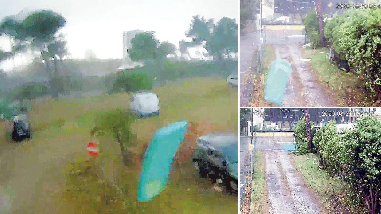 Alcune immagini tratte dalle telecamere di sorveglianza del camping di fianco al Verde Mare. Nella prima foto partendo da sinistra si vede un materassino volare trasportato dal vento. Nelle altre due si vede presumibilmente lo stesso gonfiabile che ripreso da una telecamere viene trasportato dal vento