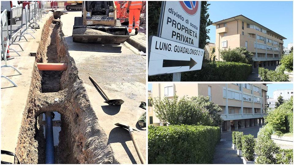 un intervento di sistemazione di una tubatura e lo stabile di lungarno Guadalongo