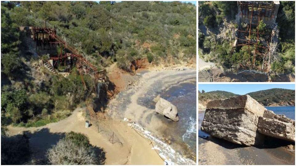 I resti degli impianti delle miniere e il blocco di calcestruzzo sulla spiaggetta di Terranera