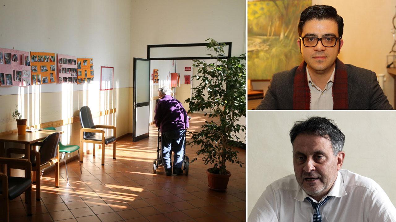 Nella foto in alto uno dei corridoi della Rsa San Domenico di Pescia, al centro della bufera per l’inchiesta sui presunti maltrattamenti di alcuni anziani ospiti; in alto il sindaco di Pescia Oreste Giurlani e il consigliere comunale di minoranza Giancarlo Mandara