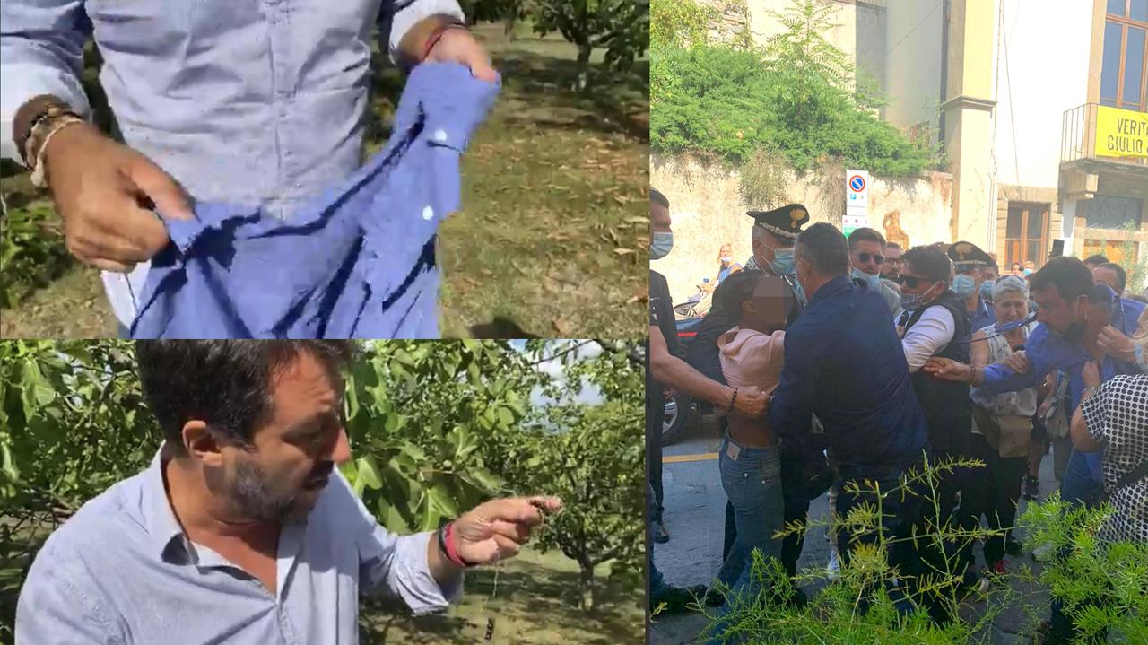 Salvini mostra la camicia e il rosario strappati. A destra la giovane viene trattenuta dopo l'aggressione al leader leghista