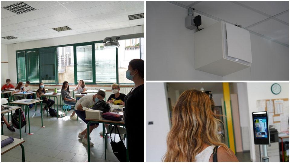 Una classe dell’Istituto comprensivo Fra Domenico da Peccioli ieri, primo giorno di scuola post Pandemia, uno degli scambiatori d’aria installati nelle aule e lo scanner per la misurazione della temperatura all’ingresso della scuola media