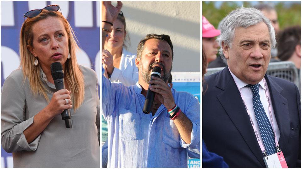 Giorgia Meloni (FdI), Matteo Salvini (Lega) e Antonio Tajani (FI)