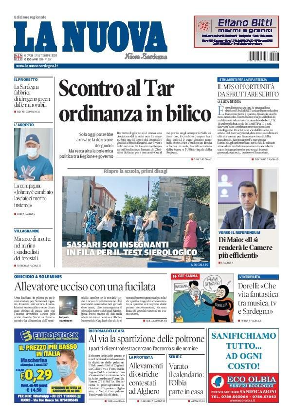 Prima Pagina La Nuova Sardegna 17 settembre 2020
