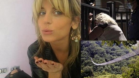 A sinistra, la vittima Claudia Corrieri. A destra in alto, il dolore della madre davanti al cancello di casa della figlia. Sotto, il ponte da cui si è ucciso Leonardo Santini