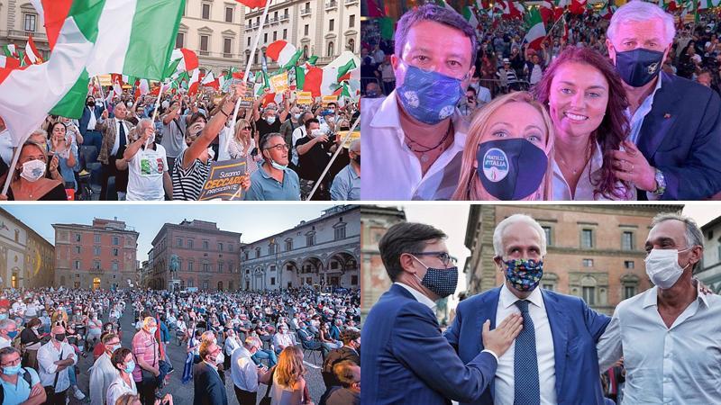 Sopra la piazza del centrodestra con Salvini, Meloni, Ceccardi e Tajani; sotto la piazza del centrosinistra con Nardella, Giani e Rossi