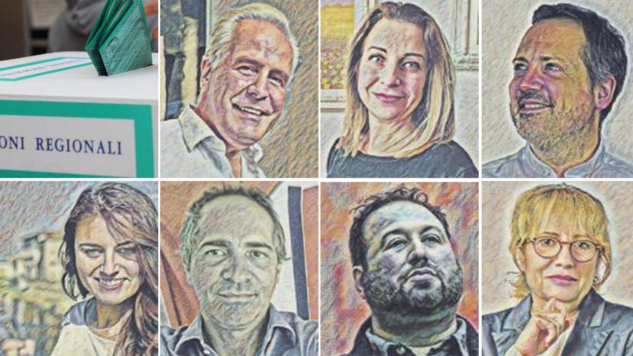 Da in alto a sinistra Eugenio Giani (Centrosinistra), Irene Galletti (Movimento 5 Stelle), Tommas Fattori (Toscana a Sinistra), Susanna Ceccardi (Centrodestra), Marco Mazzanti (Partito Comunista Italiano), Salvatore Catello (Partito Comunista), Tiziana Vigni (Movimento 3V)