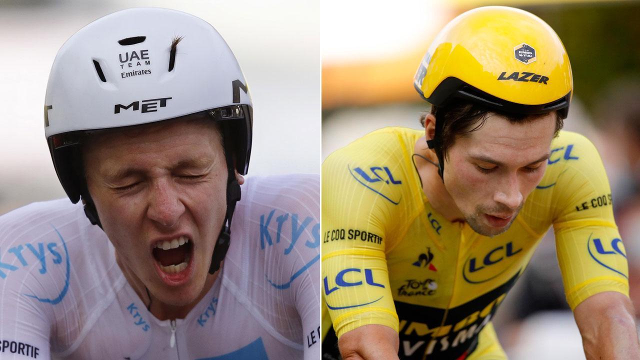 Nella foto a sinistra la smorfia di Tadej Pogacar, nuova stella del ciclismo mondiale: alla prima partecipazione ha vinto il Tour, a destra la delusione di Roglic