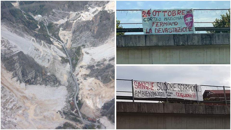 Uno scorcio delle cave e i due manifesti apparsi sul cavalcavia.