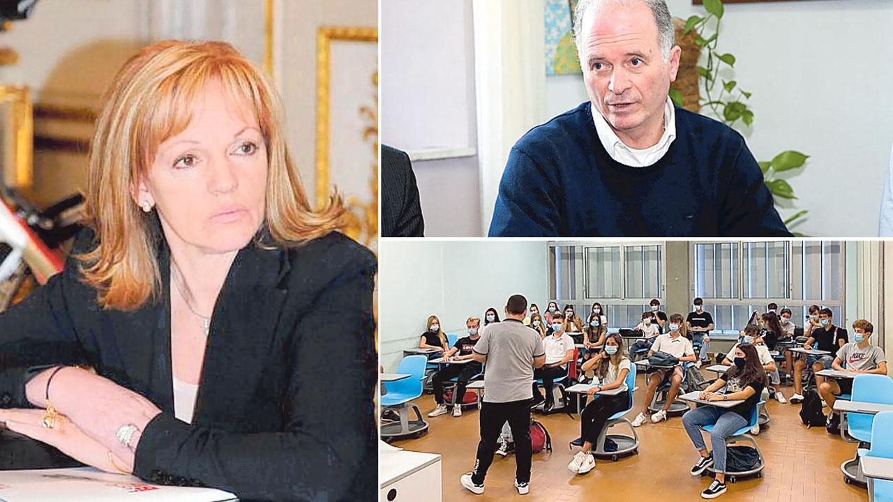 La provveditrice Donatella Buonriposi; a destra, dall’alto, il preside del Fermi-Giorgi Massimo Fontanelli e un’aula della scuola di San Filippo