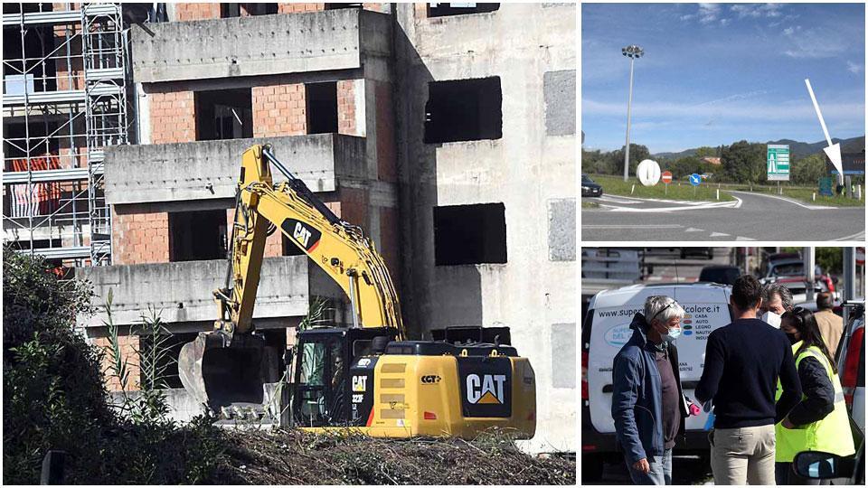 l’avvio dei lavori per la rotatoria che sarà realizzata vicino al casello dell’autostrada proprio accanto al lo “scheletro” del Marble hotel